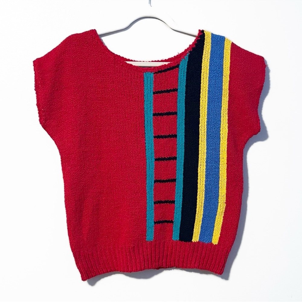 Vintage 80s | Knit Cap Sleeve Abstract Design Sweater